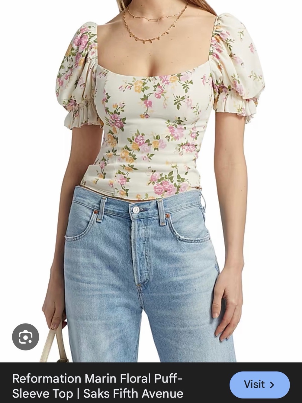 Reformation Cream Floral Puff-Sleeve Square-Neck Top